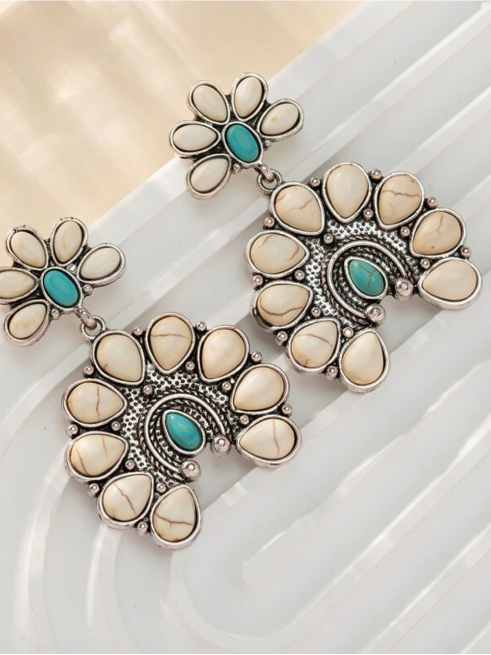 Turquoise & Cream Stone Floral Drop Earrings - Women Jewelry